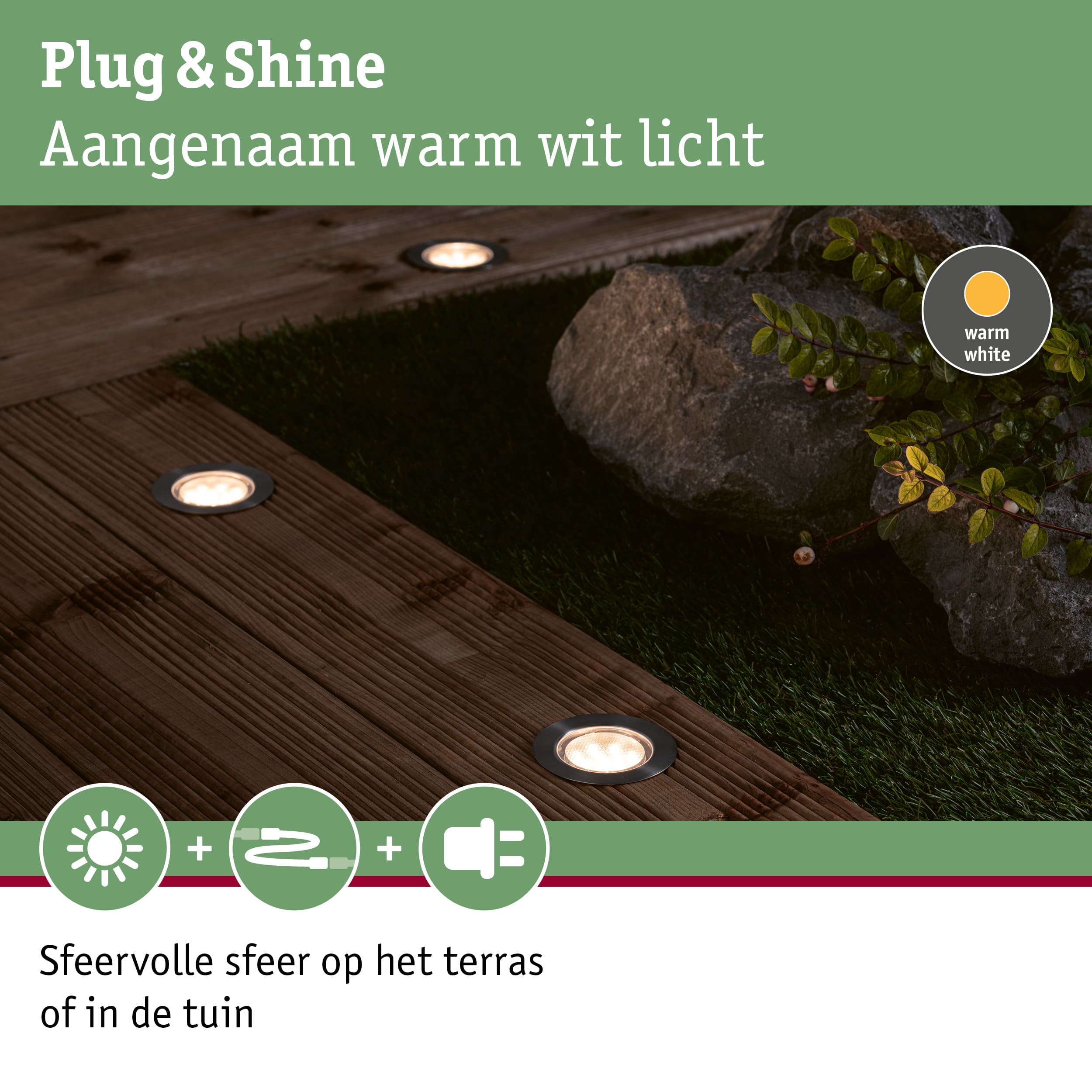LED-vloerlampen met warm wit licht op houten terras en in tuin voor sfeervolle buitenverlichting