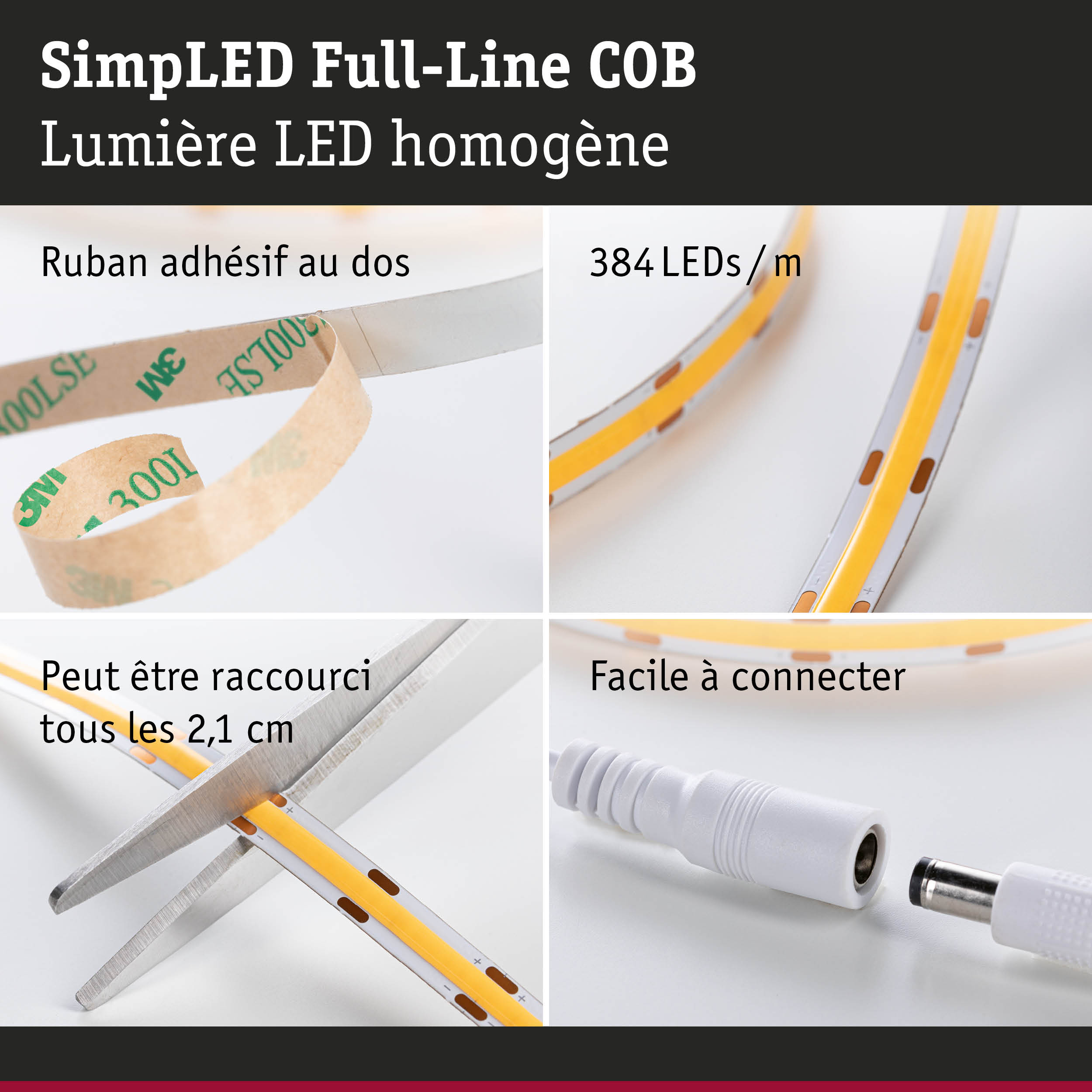 Bande LED flexible avec 384 LED par mètre, adhésive et découpable pour un éclairage personnalisé