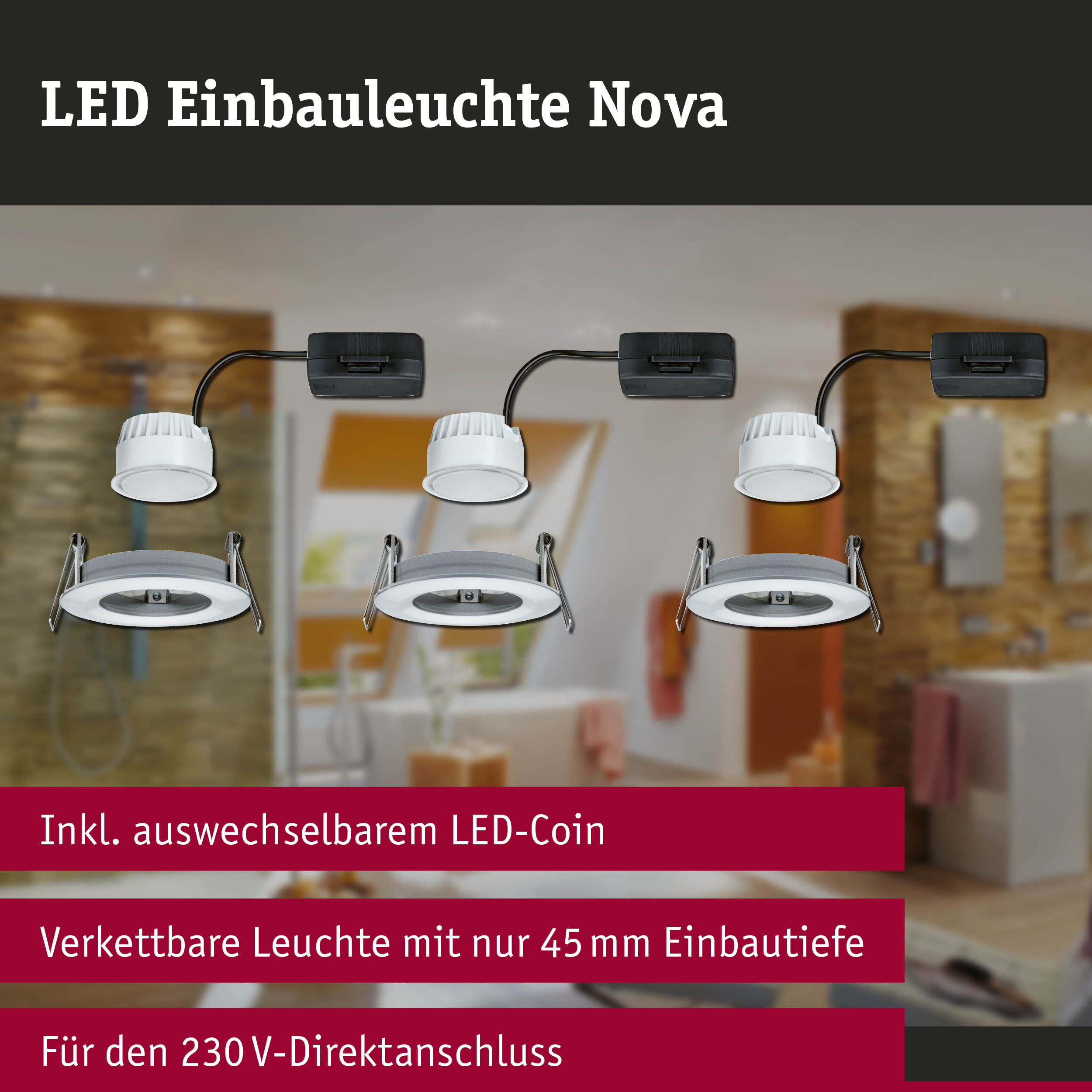 LED Einbauleuchte Nova in Weiß mit schwarzem Anschluss für 230V Direktanschluss, 45 mm Einbautiefe