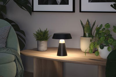 Schwarze Tischlampe aus Metall mit warmweißem Licht auf Holztisch neben grünen Zimmerpflanzen