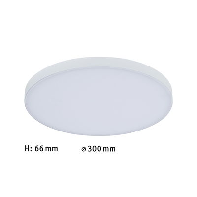 Rund hvid LED-loftlampe i plastik, 300 mm diameter og 66 mm højde, velegnet til opholdsrum
