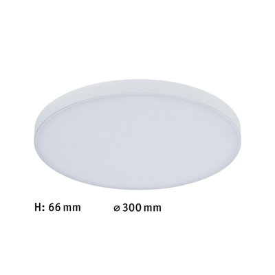 Round white LED ceiling light with 66 mm height and 300 mm diameter for modern indoor lighting