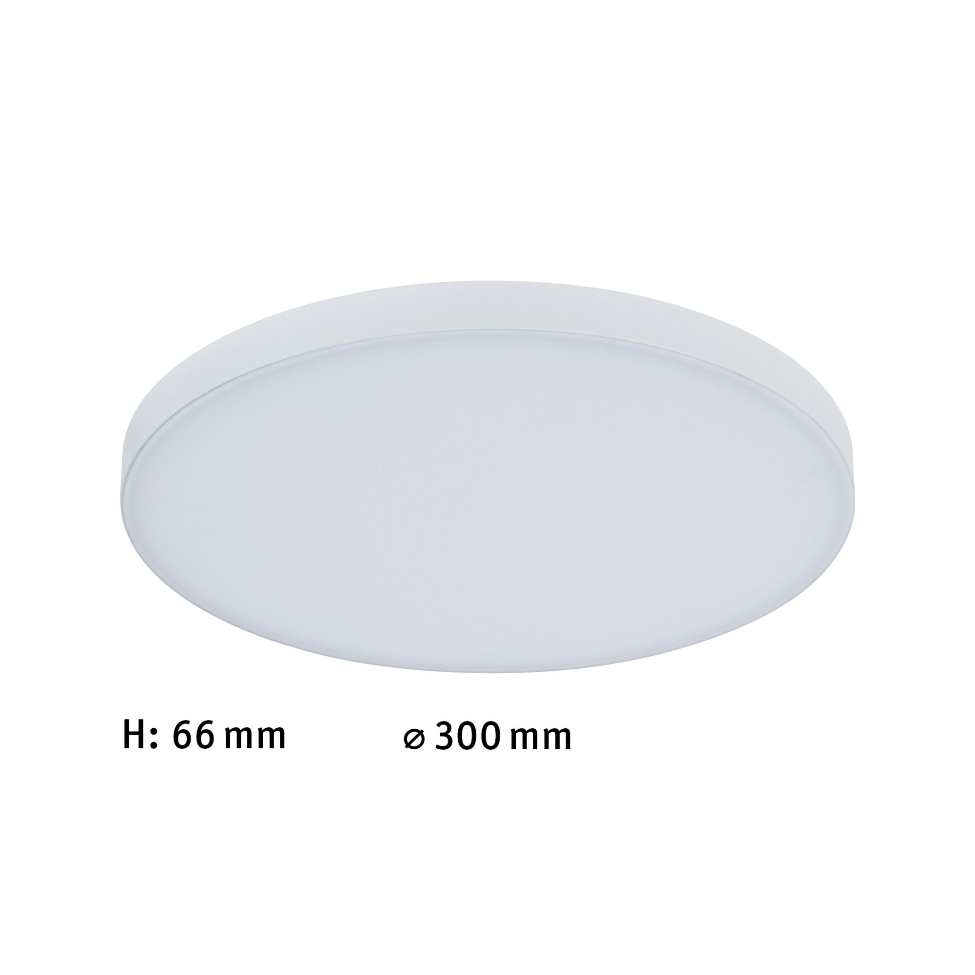 Round white LED ceiling light with 66 mm height and 300 mm diameter for modern indoor lighting