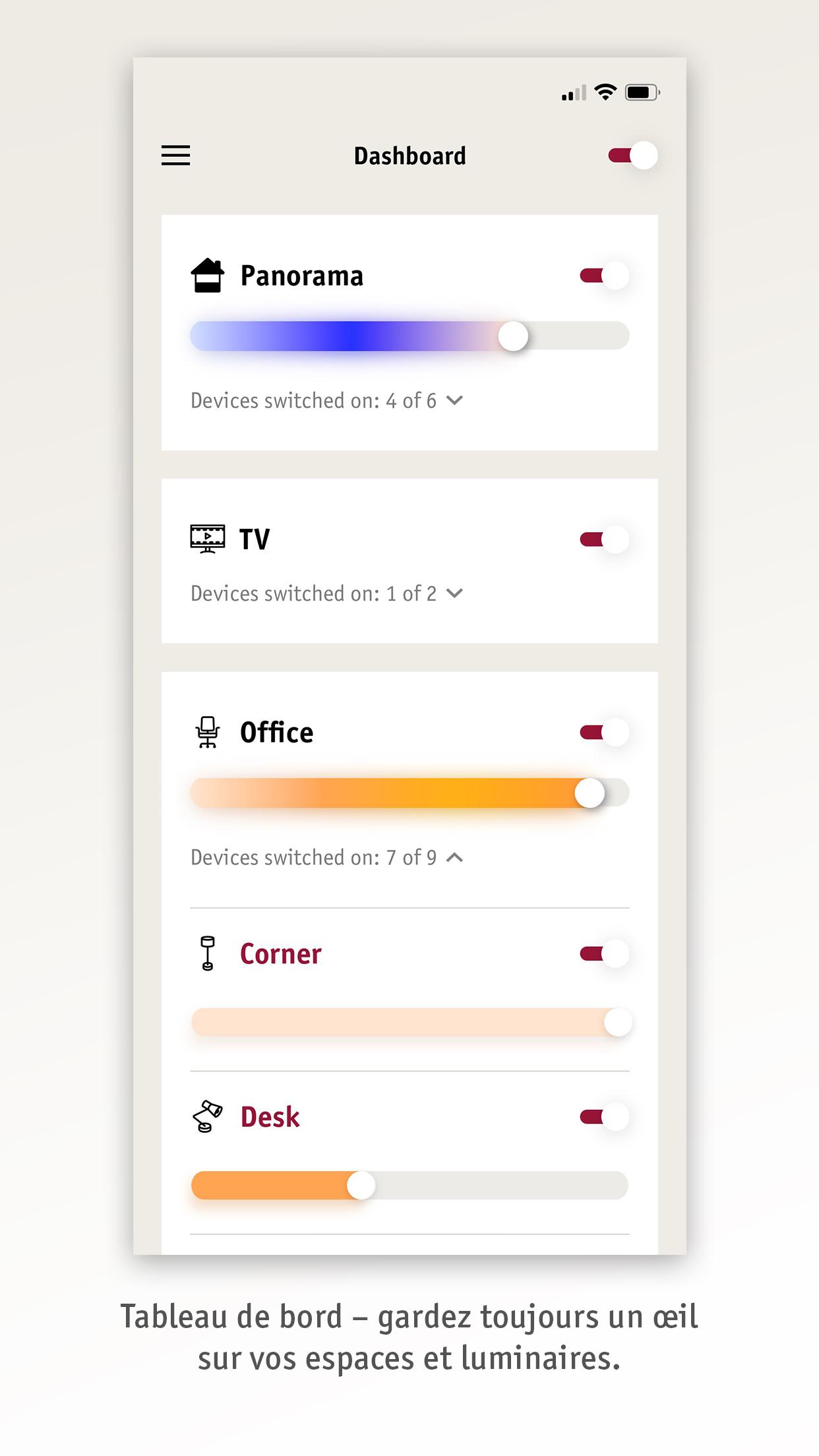 Tableau de bord domotique avec contrôle des lumières pour Panorama, TV et bureau, réglage couleur et luminosité