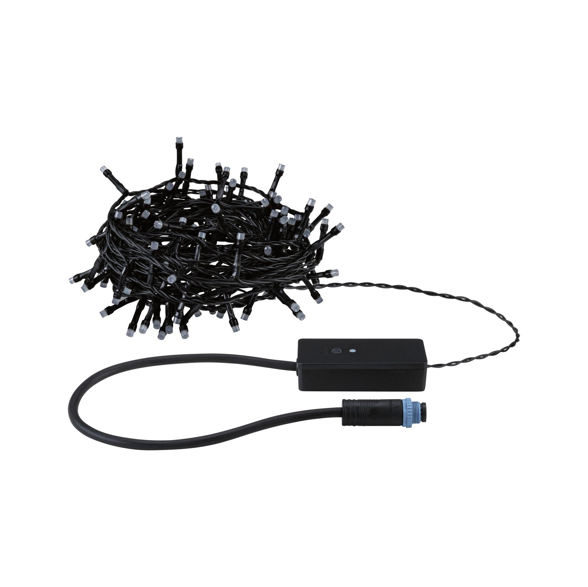 Schwarze LED-Lichterkette mit Steuerbox und blauem Anschlusskabel für Außenbeleuchtung