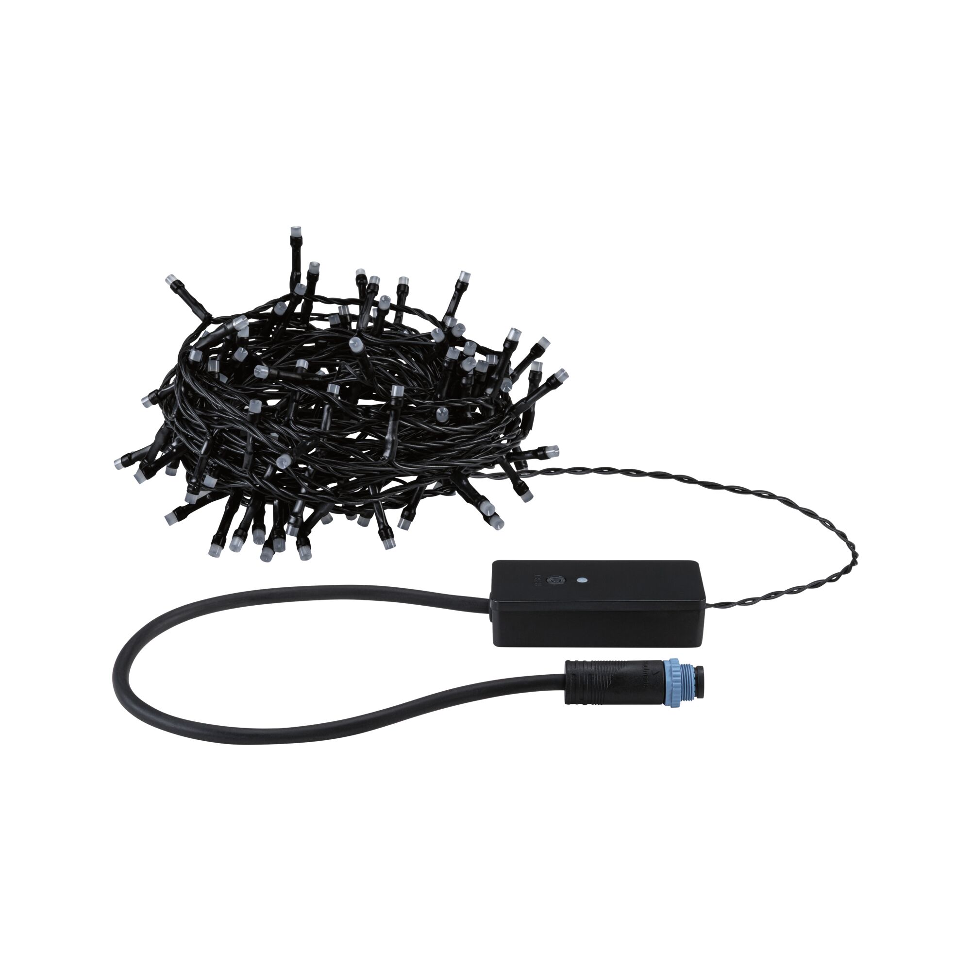 Schwarze LED-Lichterkette mit Steuerbox und blauem Anschlusskabel für Außenbeleuchtung