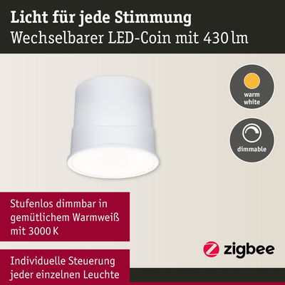 Weißer dimmbarer LED-Coin mit 430 Lumen in warmweißem Licht für individuelle Lichtsteuerung