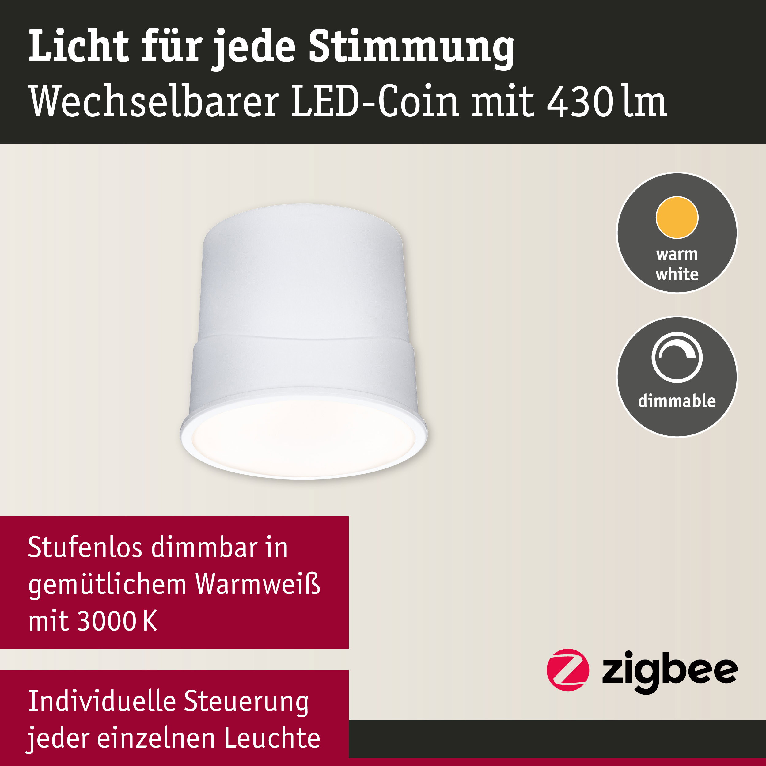 Weißer LED-Deckenstrahler mit warmweißem Licht und stufenloser Dimmfunktion für Wohnräume