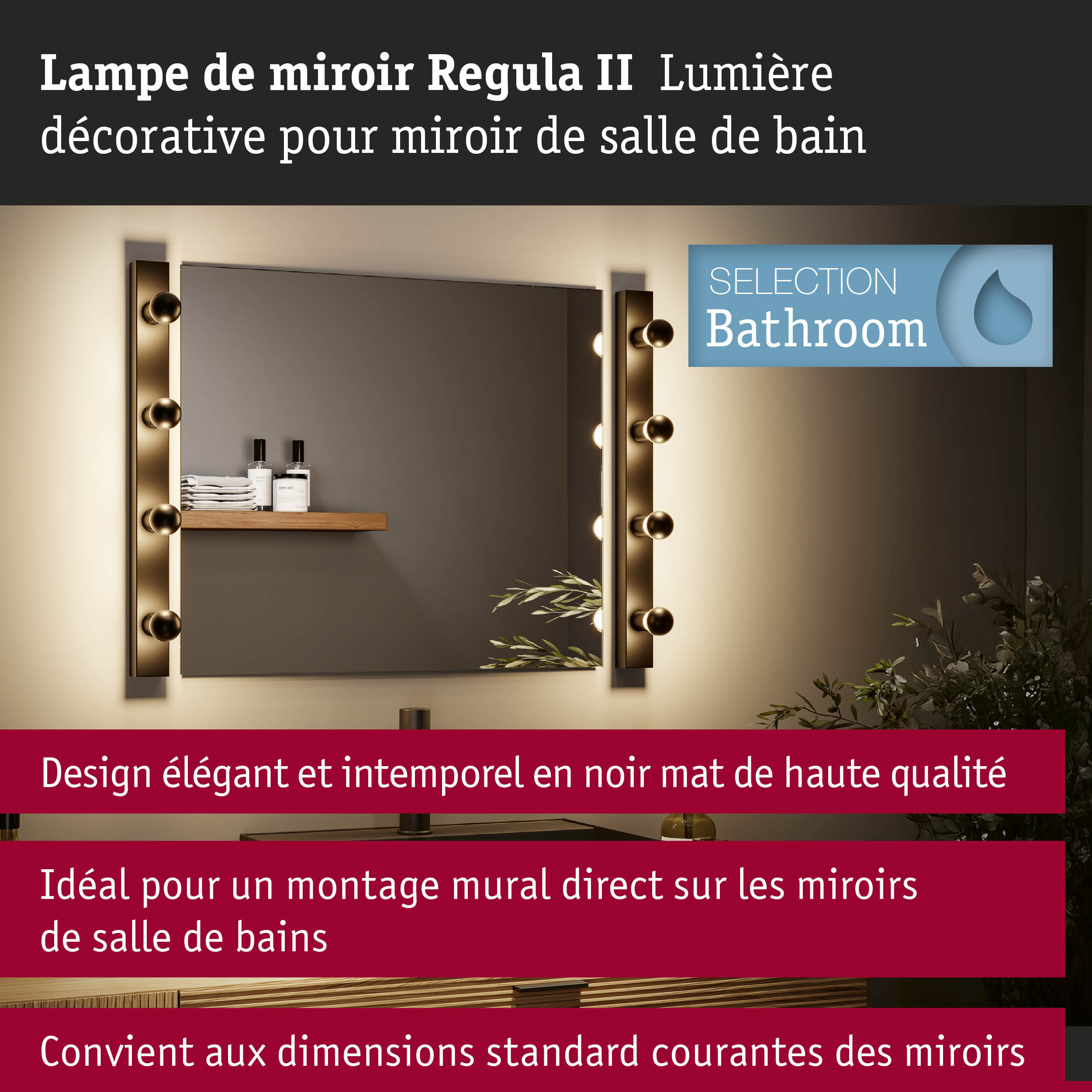 Kit Éclairage de miroir Regula II ampoules incluses 4-flammes IP44 E14 2700K 4x470lm 230V 4x4,5W gradable Noir/Calotte réflectrice en noir mat