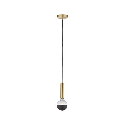Modern brass pendant light with black bulb, stylish LED hanging lamp for living spaces and interiors