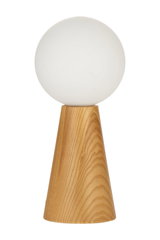Moderne tafellamp met witte glazen bol en kegelvormige voet van licht essenhout
