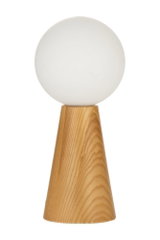 Modern table lamp with white glass globe and conical light ash wood base for ambient lighting