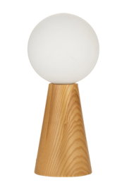 Lampe de table moderne avec globe en verre blanc et base conique en bois clair de frêne