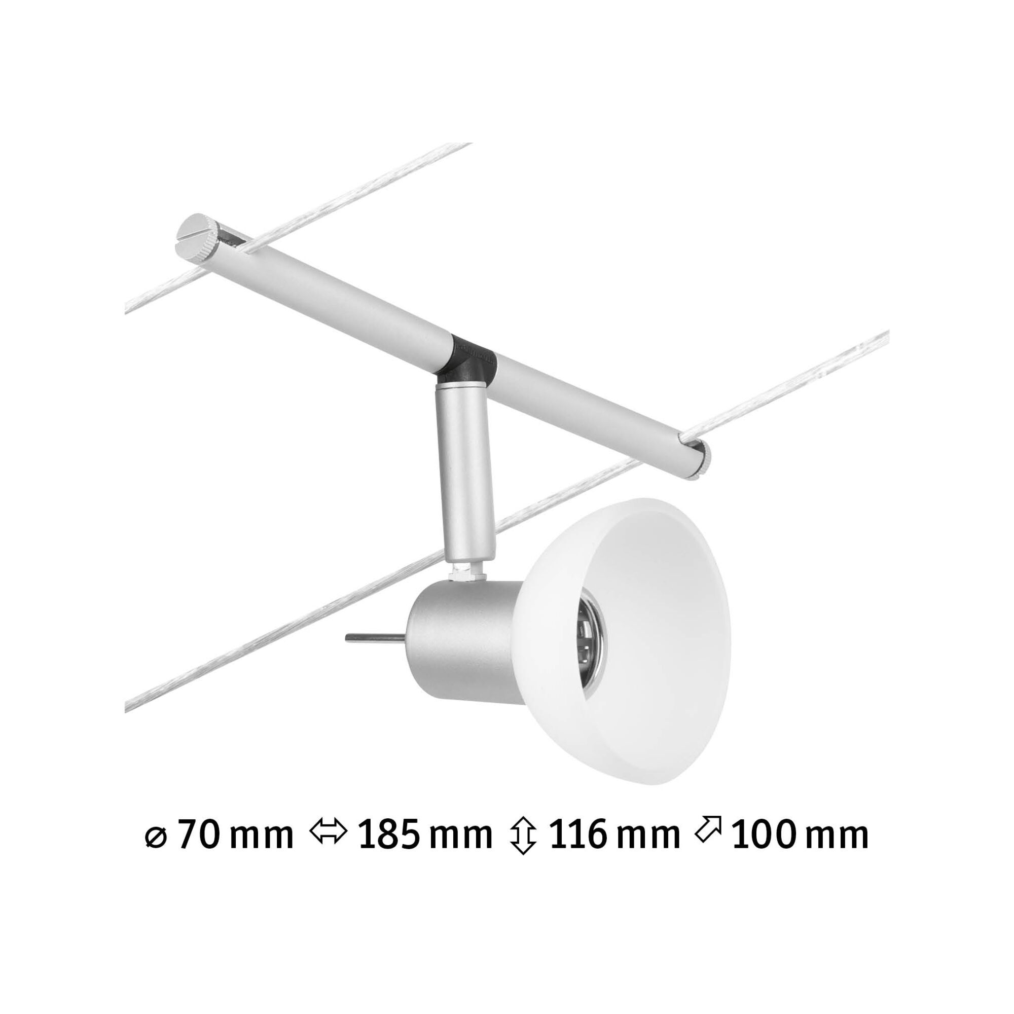 Modern cable spotlight with silver aluminum housing and white lampshade for flexible lighting solutions.