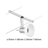 Modern cable spotlight with silver aluminum housing and white lampshade for flexible lighting solutions.