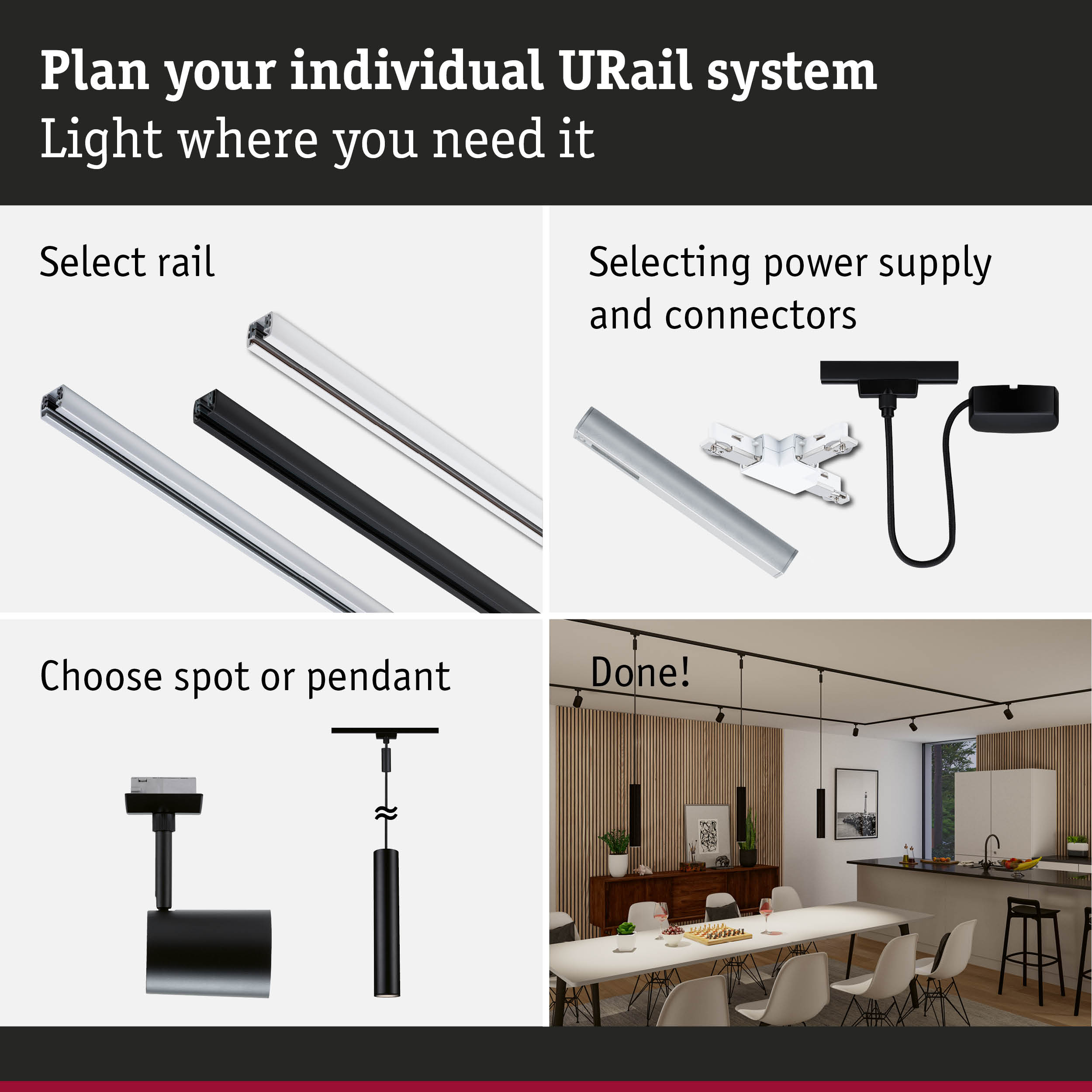 Modular URail track system with black and white rails, connectors, and pendant lights for flexible lighting solutions