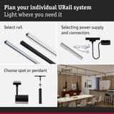 Modular URail track system with black and white rails, connectors, and pendant lights for flexible lighting solutions