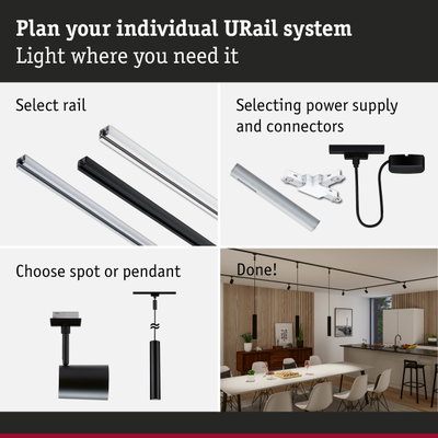 Modular URail track system with black and white rails, connectors, and pendant lights for flexible lighting solutions