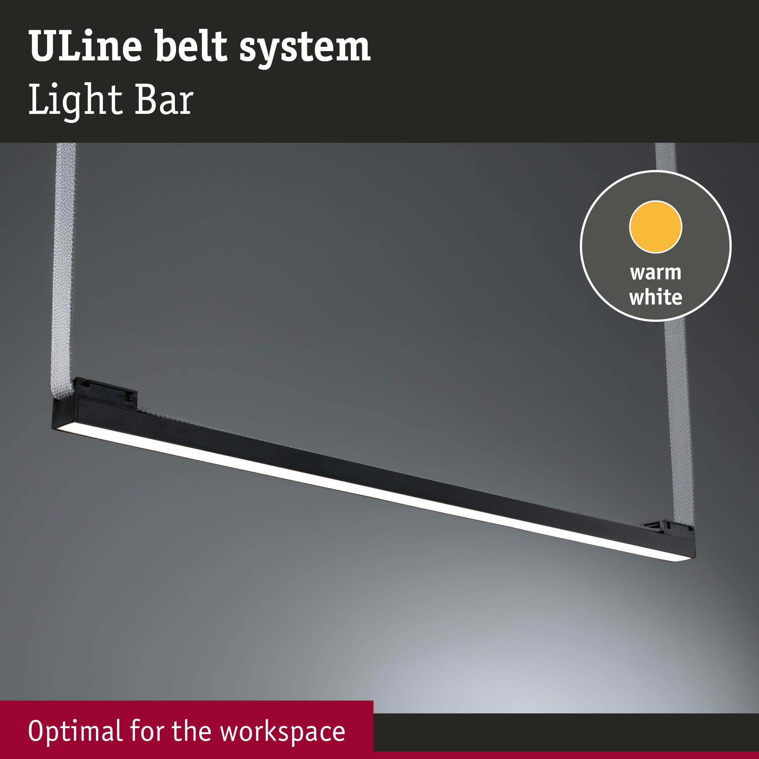 Black ULine Light Bar with warm white LED light and grey textile straps ideal for workspace lighting