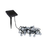 Solar-powered LED string lights with clear bulbs and black ground stake for outdoor lighting