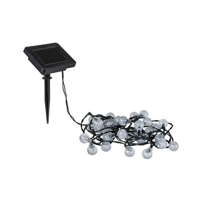 Solar-powered LED string lights with clear bulbs and black ground stake for outdoor lighting