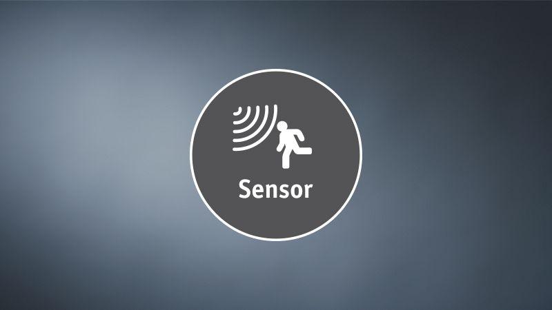 Icon showing sensor with running person on grey background for lighting control features