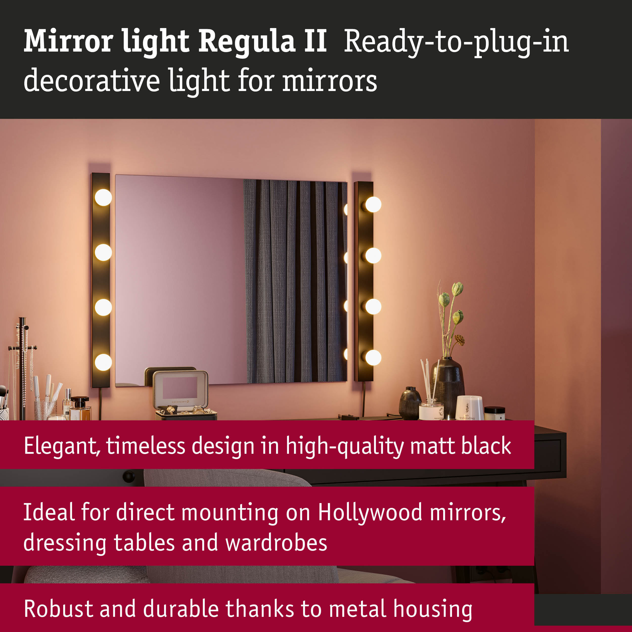 Set Mirror light Regula II including light source 4-lamp E14 2700K 4x250lm 230V 4x2,5W dimmable Black/Crown mirror black matt