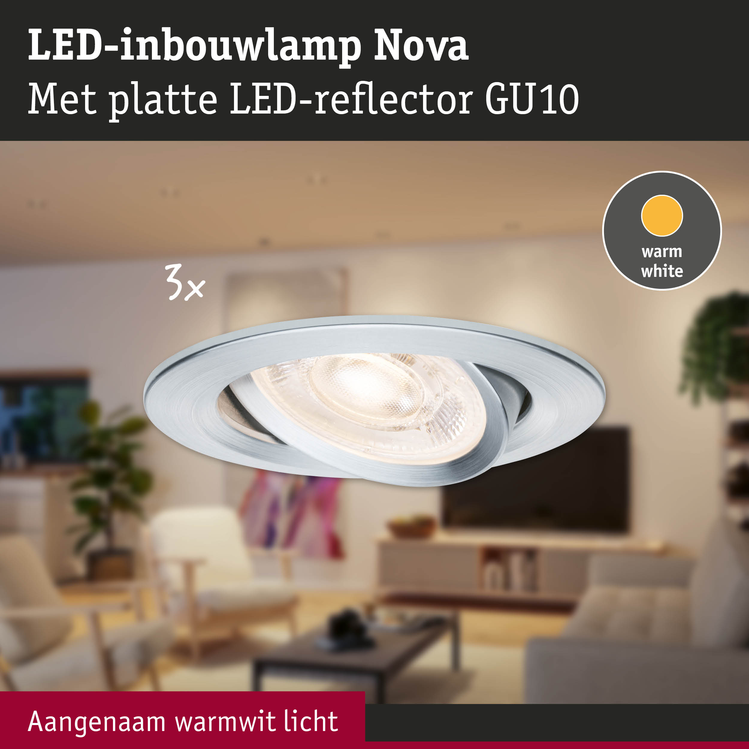 LED-inbouwlamp Nova met platte LED-reflector GU10 in aluminium met warm wit licht