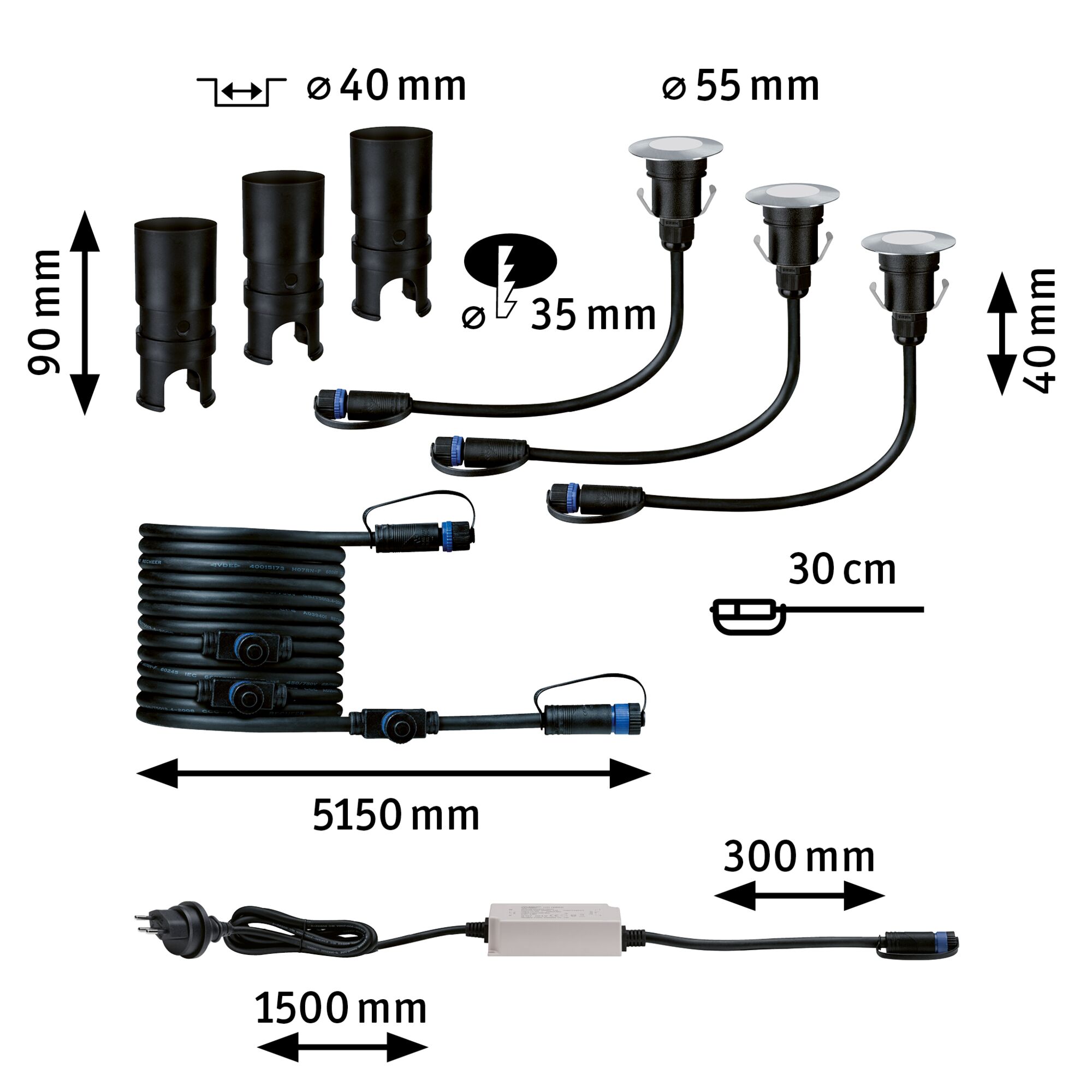 Technical drawing of black LED connection cables and plugs with measurements in millimeters.