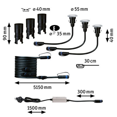 Technical drawing of black LED connection cables and plugs with measurements in millimeters.