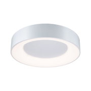 Round white metal LED ceiling light with warm white illumination for modern interiors