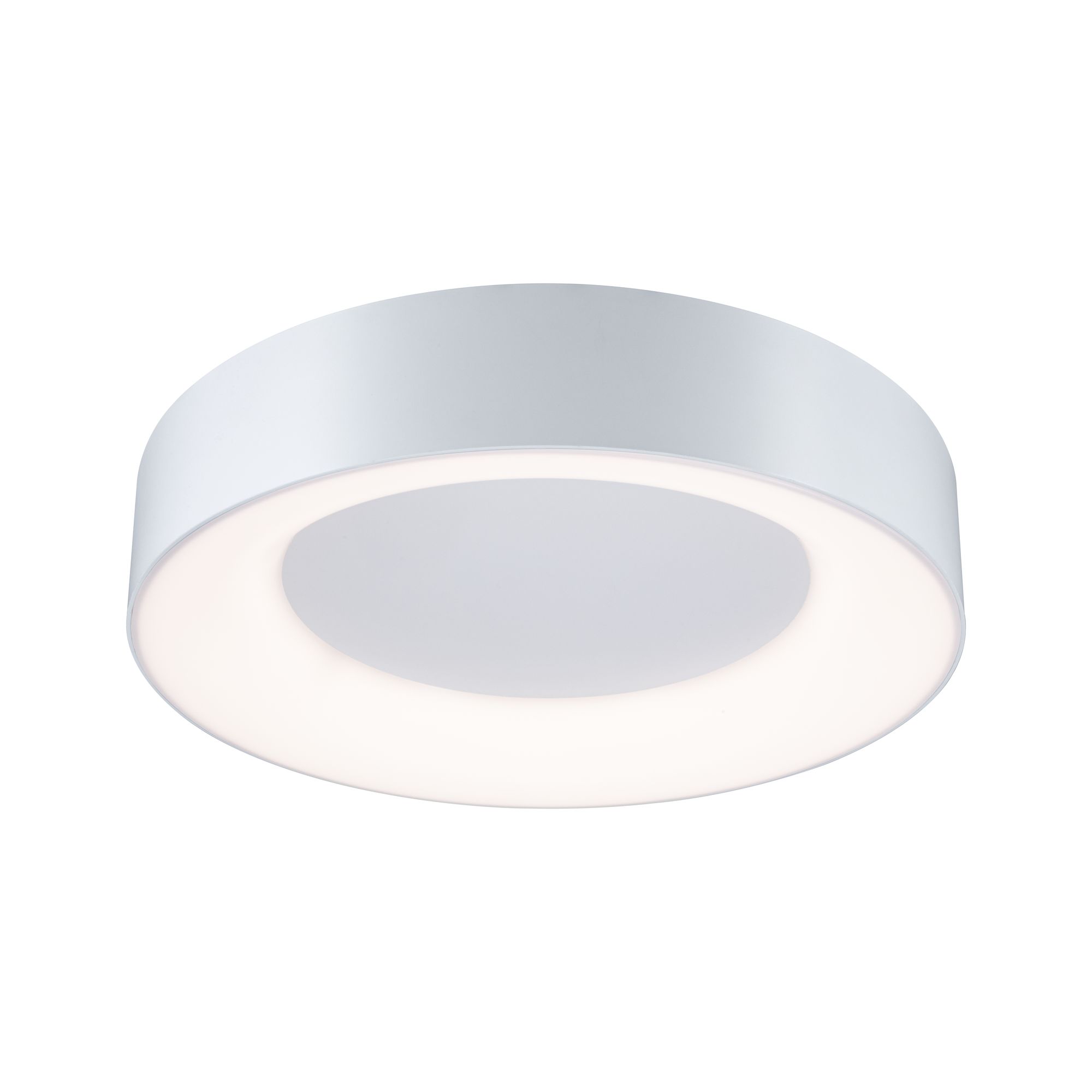 Round white metal LED ceiling light with warm white illumination for modern interiors
