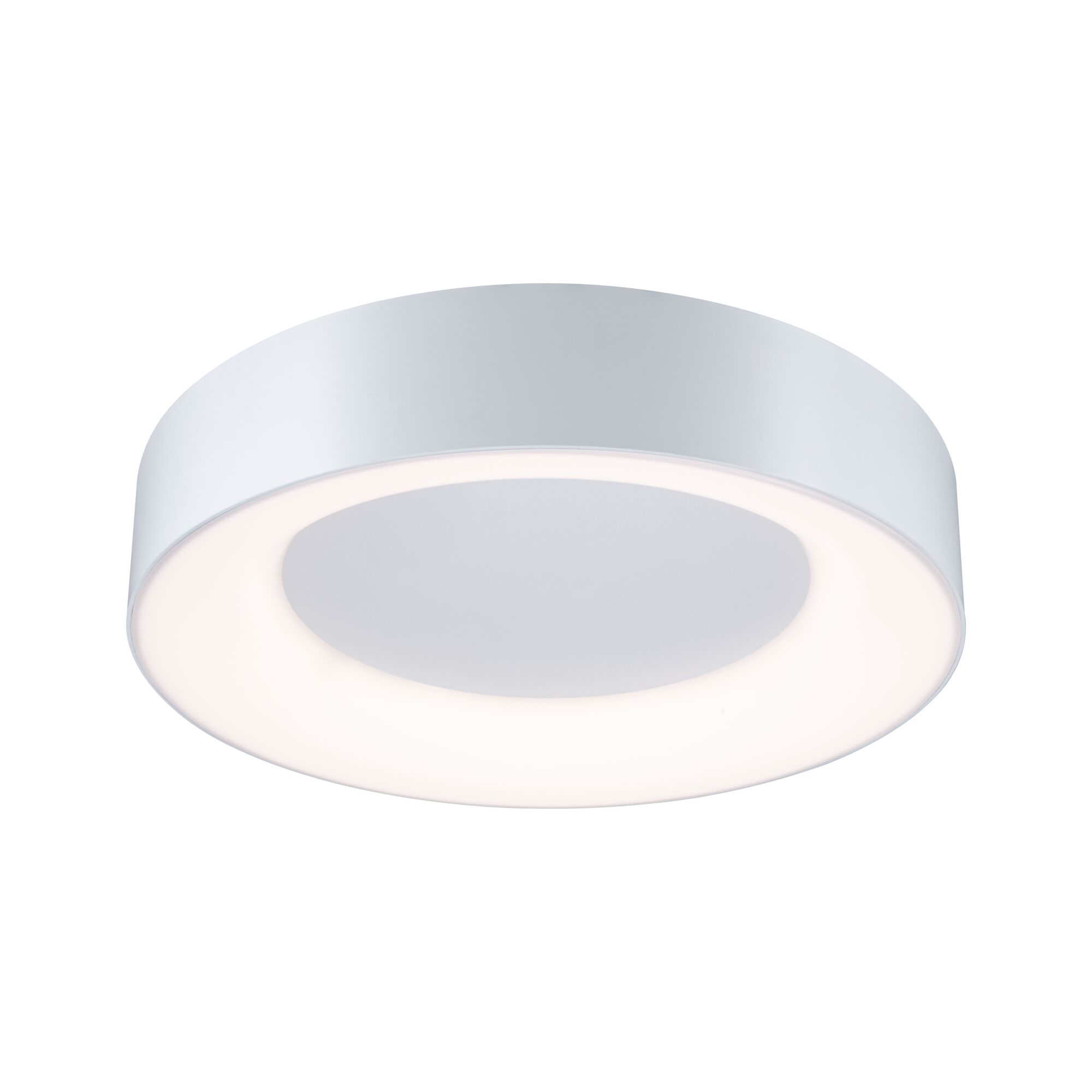 Round white metal LED ceiling light with warm white illumination for modern interiors
