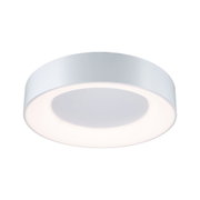 Round white metal LED ceiling light with warm white illumination for modern interiors