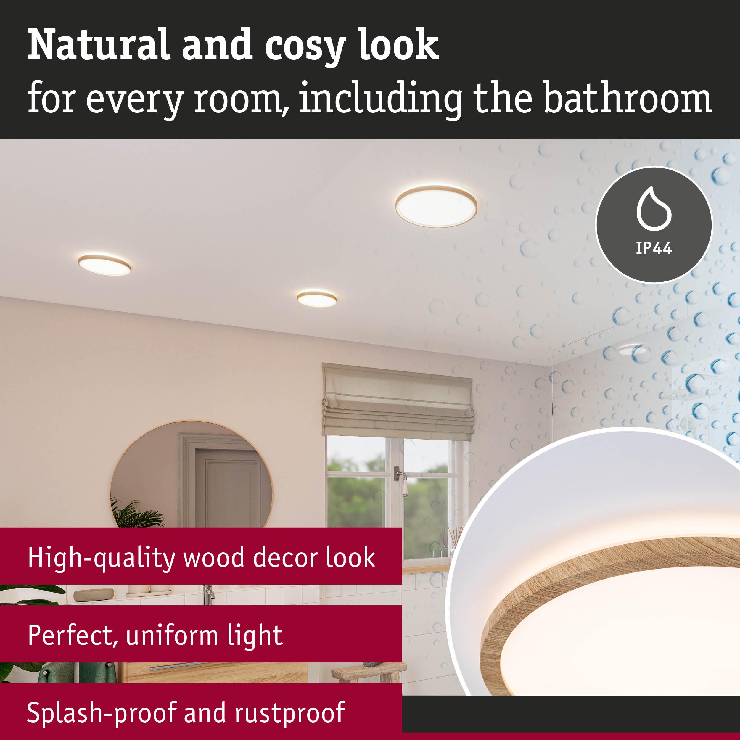 Round ceiling light with wood decor look in beige, splash-proof and rustproof bathroom lighting