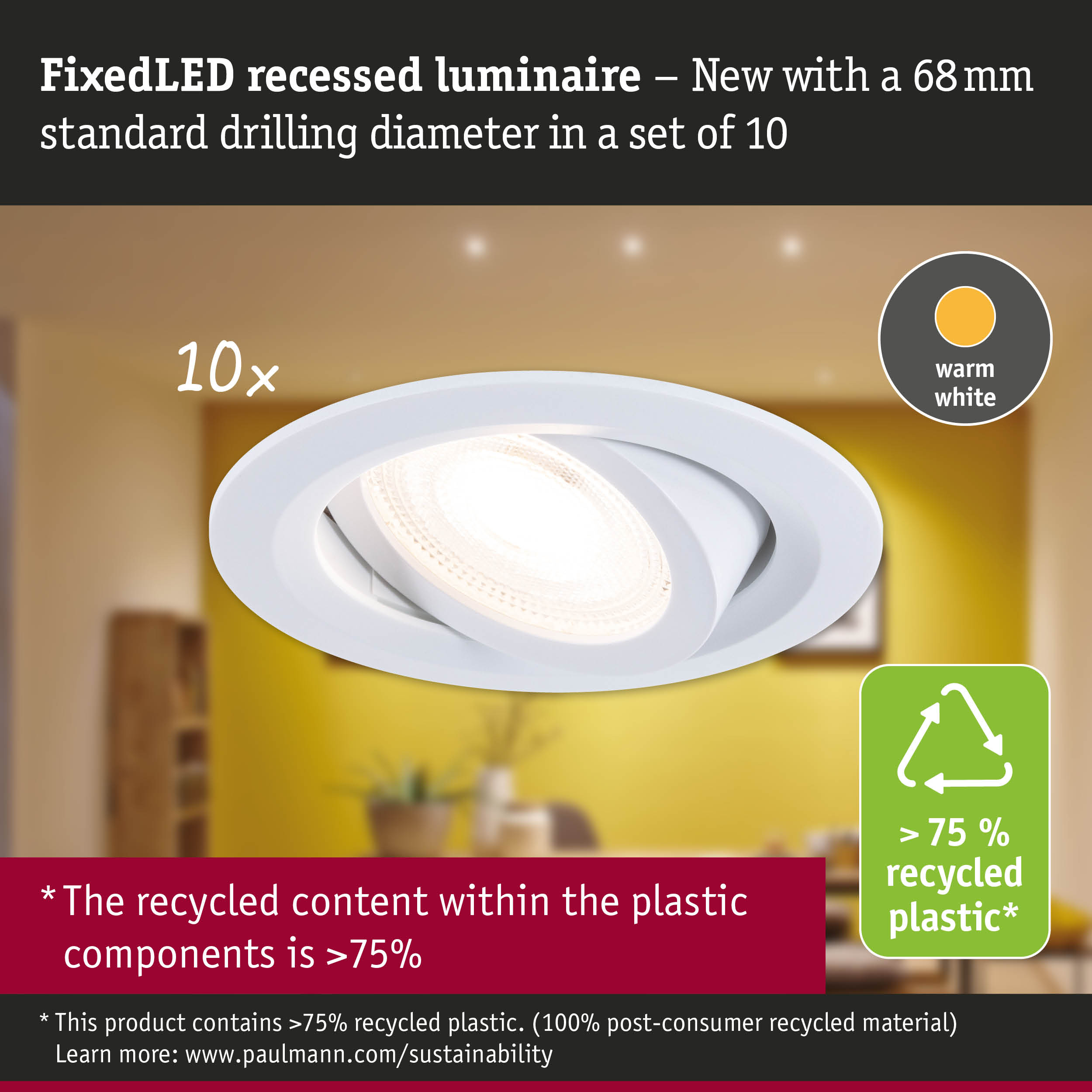 White FixedLED recessed spotlight made from recycled plastic with warm white light and 68 mm drilling diameter