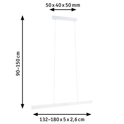 Weiße LED-Pendelleuchte mit verstellbarer Länge 132-180 cm und minimalistischer Form für moderne Beleuchtung.