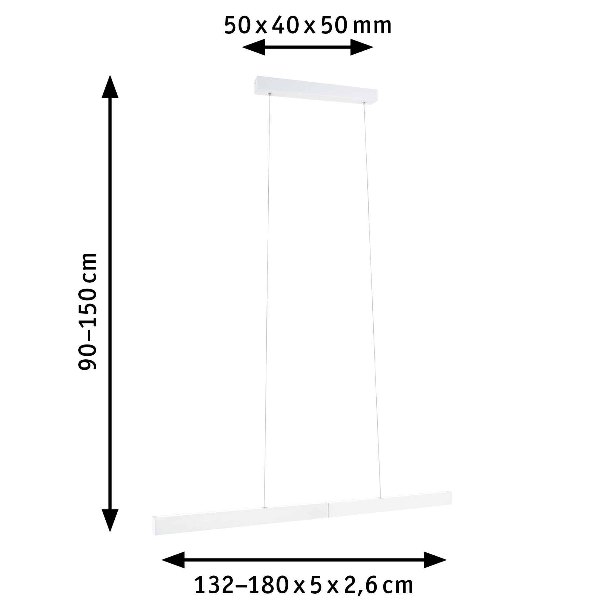 Suspension LED blanche avec longueur réglable 132-180 cm et dimensions compactes 50x40x50 mm