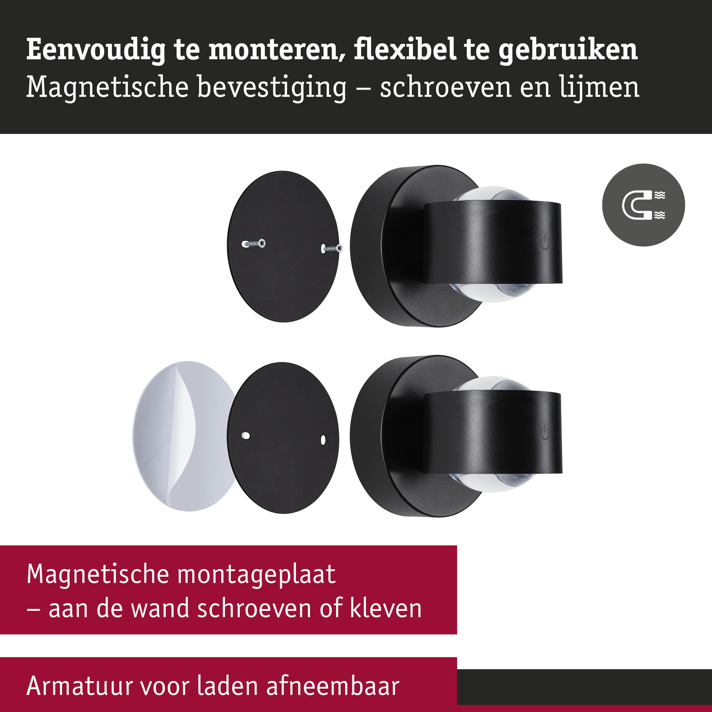 Zwarte magnetische montageplaat met afneembare armatuur, eenvoudig te monteren met schroeven of lijm
