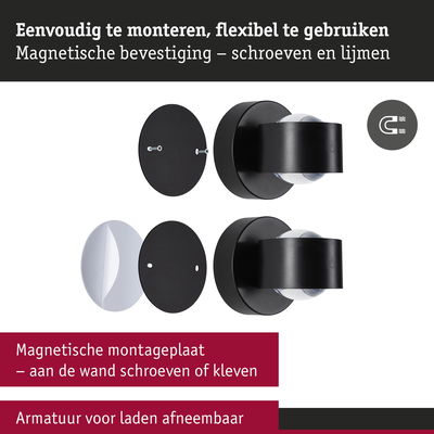Zwarte magnetische montageplaat met afneembare armatuur, eenvoudig te monteren met schroeven of lijm