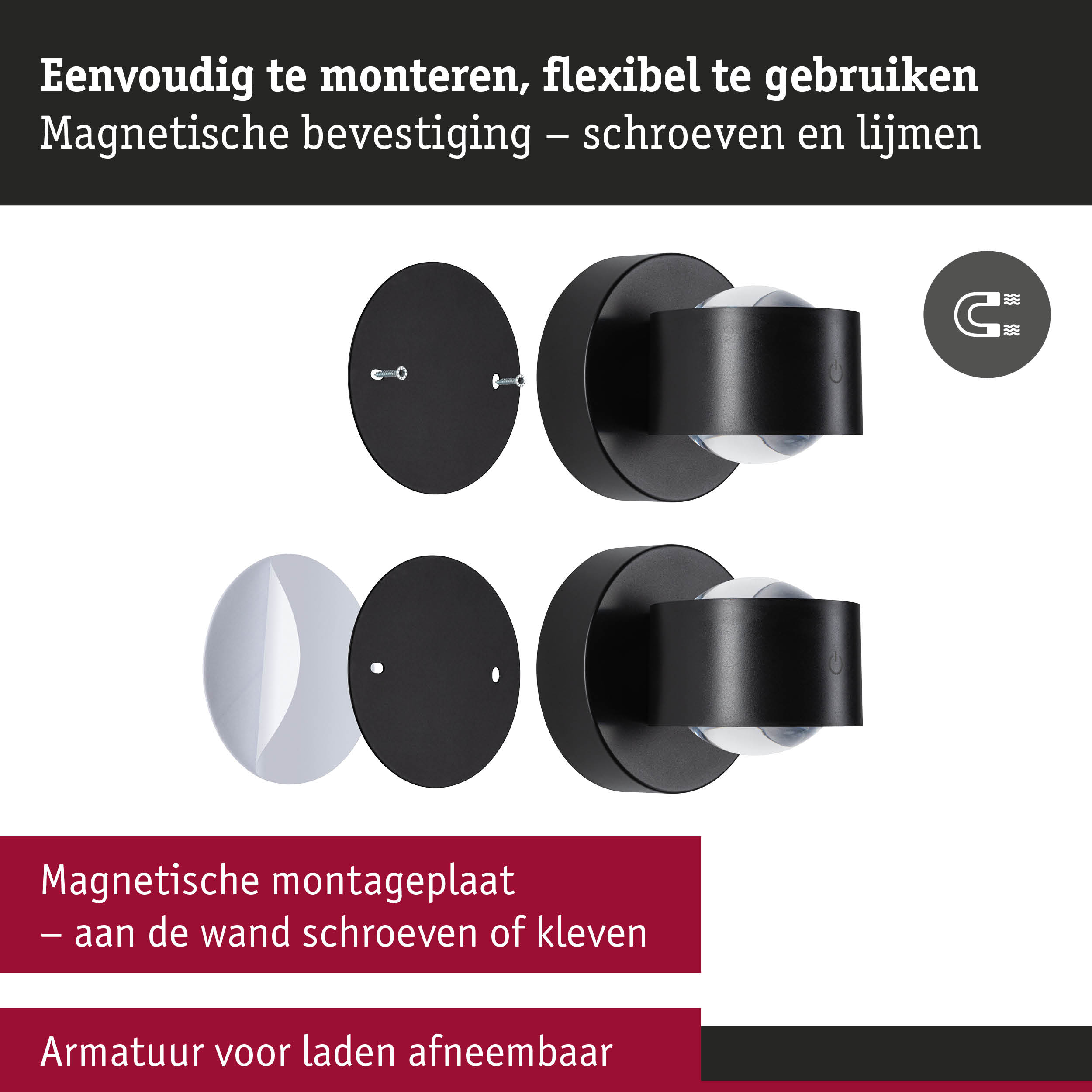 Zwarte magnetische wandhouder met afneembare armatuur voor flexibele montage en gebruik