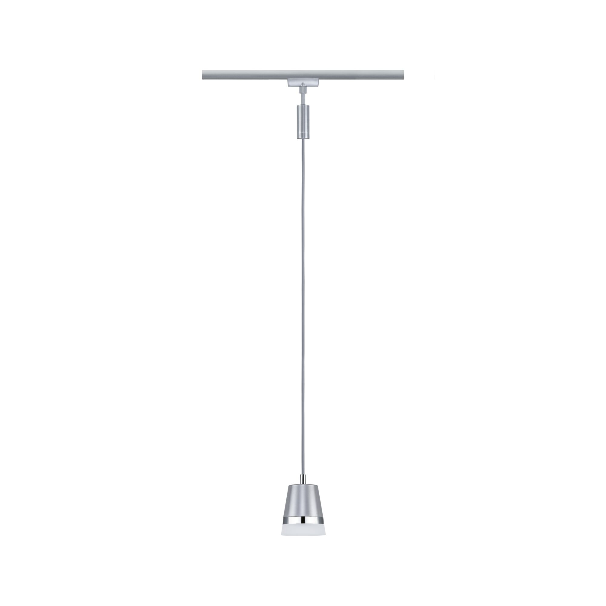 Moderne pendel i børstet aluminium sølv med hvid diffusor til skinnesystem.