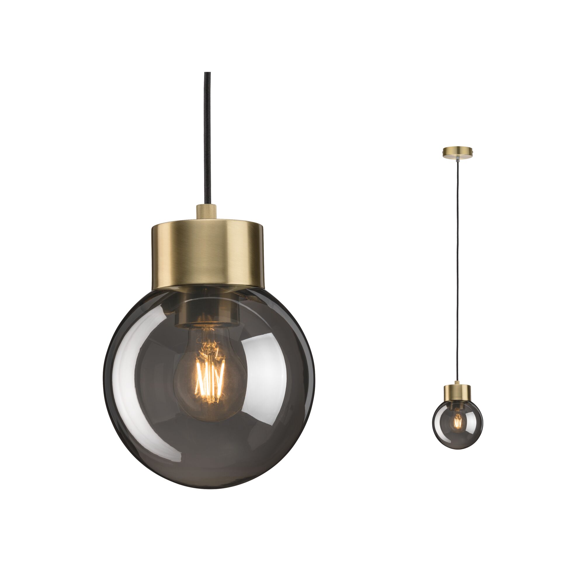 Neordic Luminaire en suspension Linja E27 max. 20W Verre fumé/Laiton brossé gradable Miroir/Verre/Métal Suspension avec globe en verre fumé et support en métal couleur laiton pour éclairage intérieur moderne
