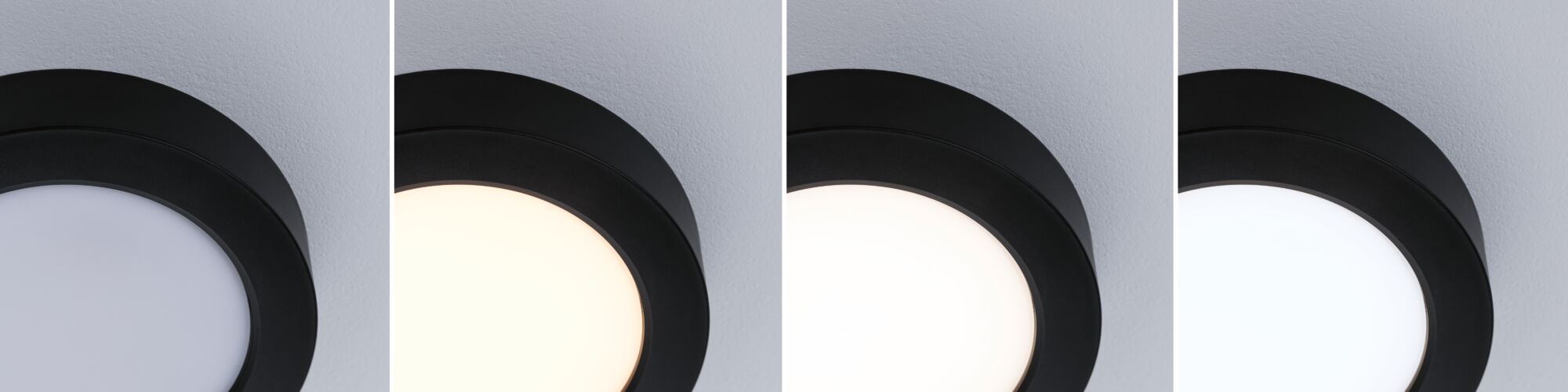 Runde Deckenleuchte aus schwarzem Metall mit variabler Lichtfarbe von warm bis kaltweiß