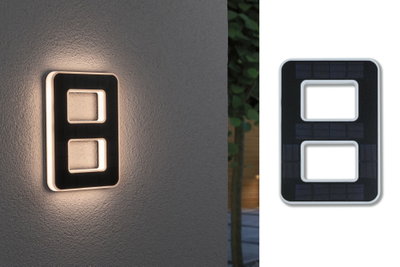 Modernes schwarzes Solar-Wandleuchte mit LED-Beleuchtung, rechteckig mit zwei Aussparungen, Außenbeleuchtung