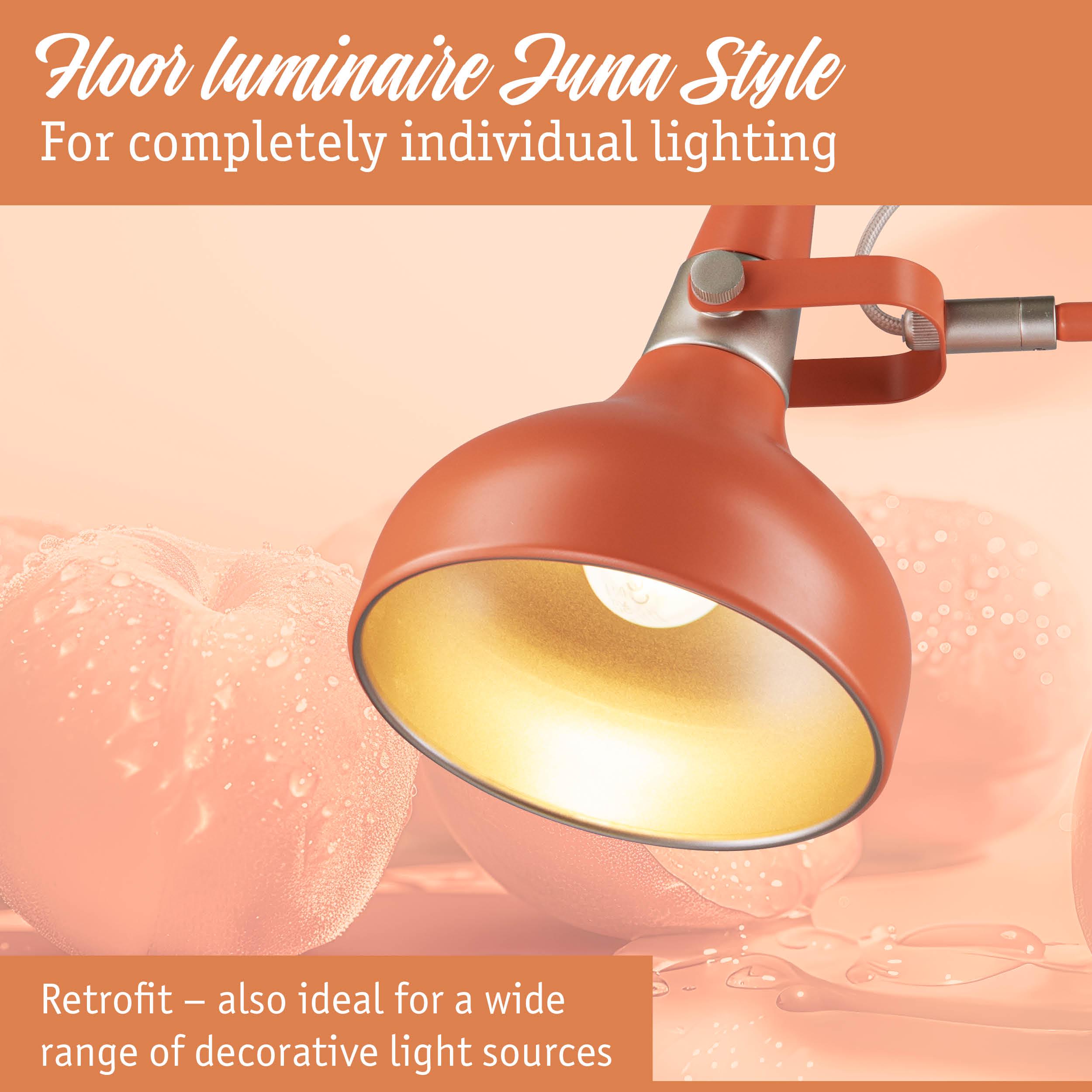 Retro orange metal floor luminaire with gold interior reflector ideal for decorative lighting