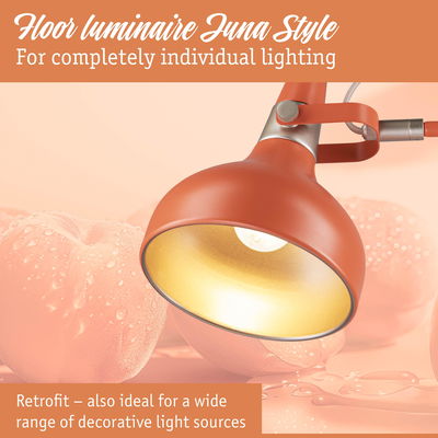Retro orange metal floor luminaire with gold interior reflector ideal for decorative lighting