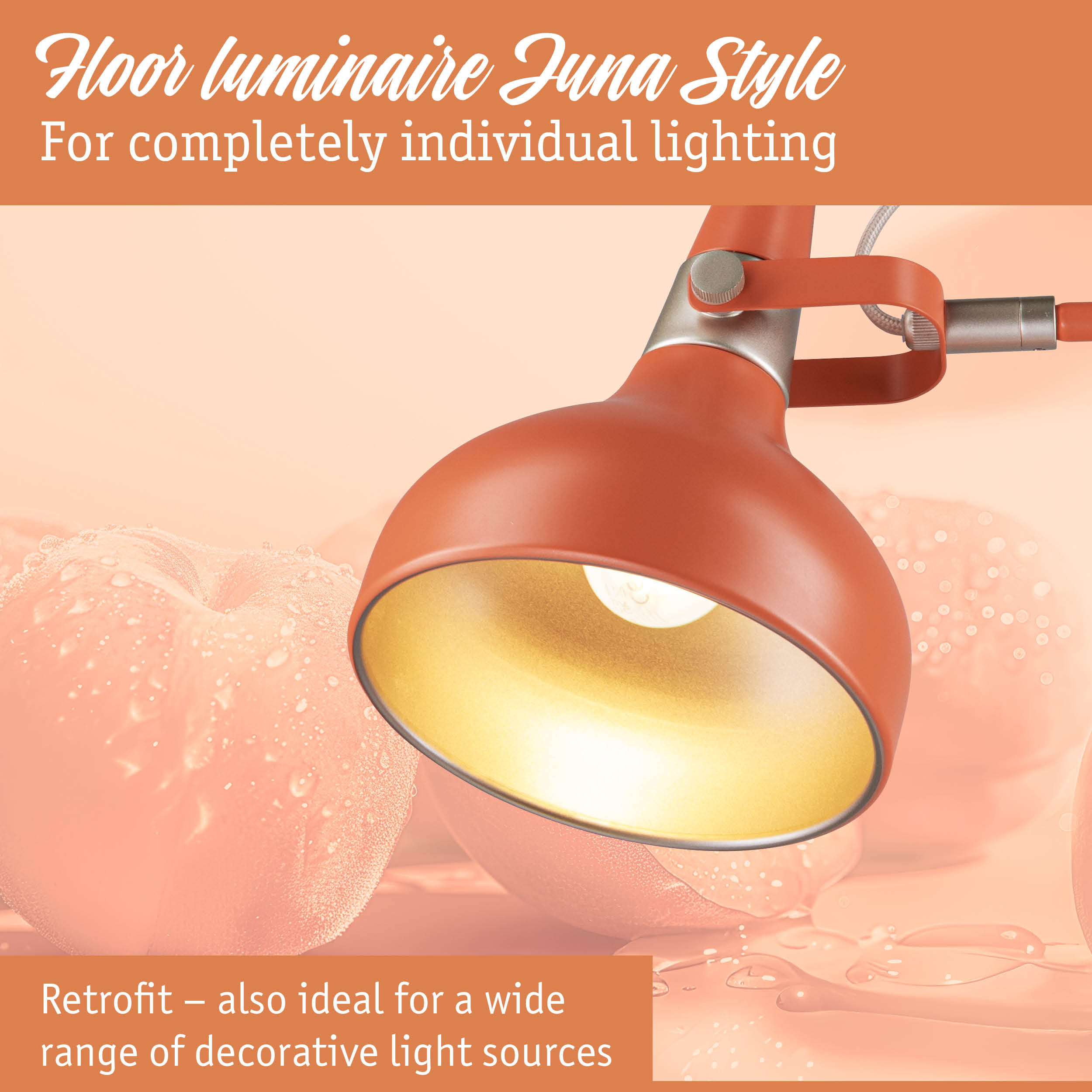 Orange metal wall lamp with gold interior for individual lighting and retro decorative light sources.