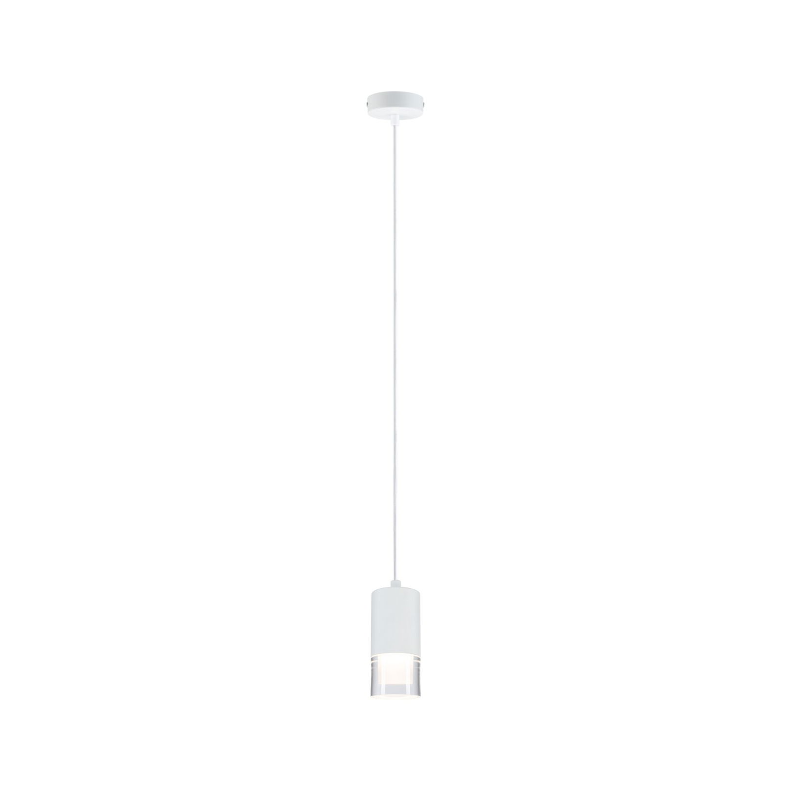 Moderne witte metalen hanglamp met helder glas en warm wit LED-licht voor woonruimtes