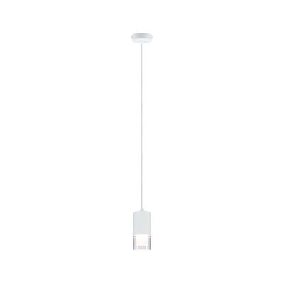 Moderne hvid metalpendel med klart glas og varmt hvidt LED-lys til opholdsrum